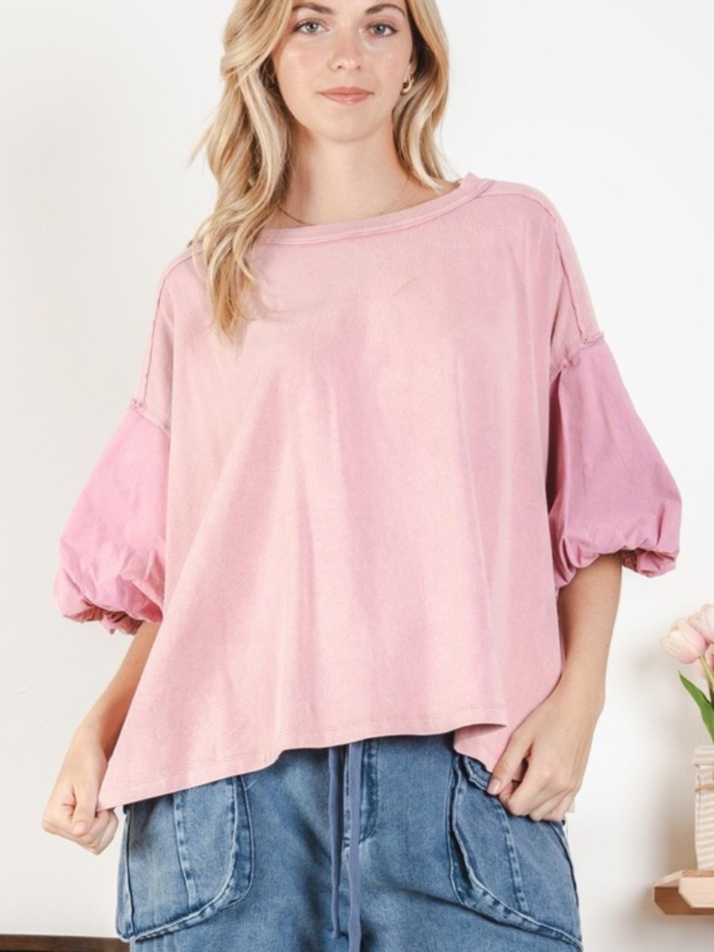 Bluevelvet Dusty Pink Round Neck Balloon Sleeve Loose Fit Top